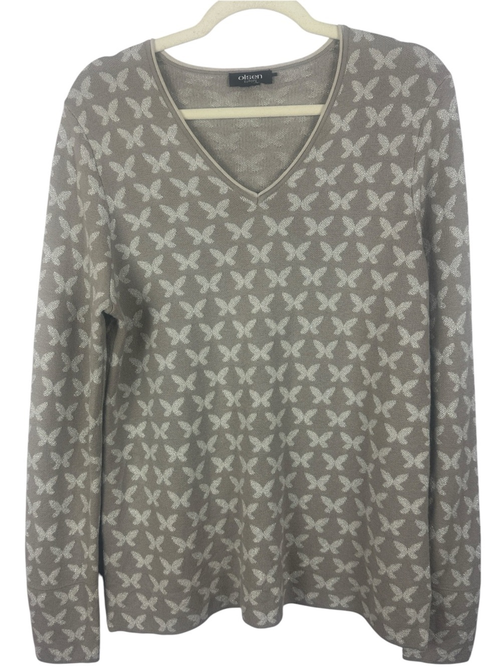 Olsen Europe Cotton Wool Blend Metallic Butterfly Print V-Neck Sweater Size M/L